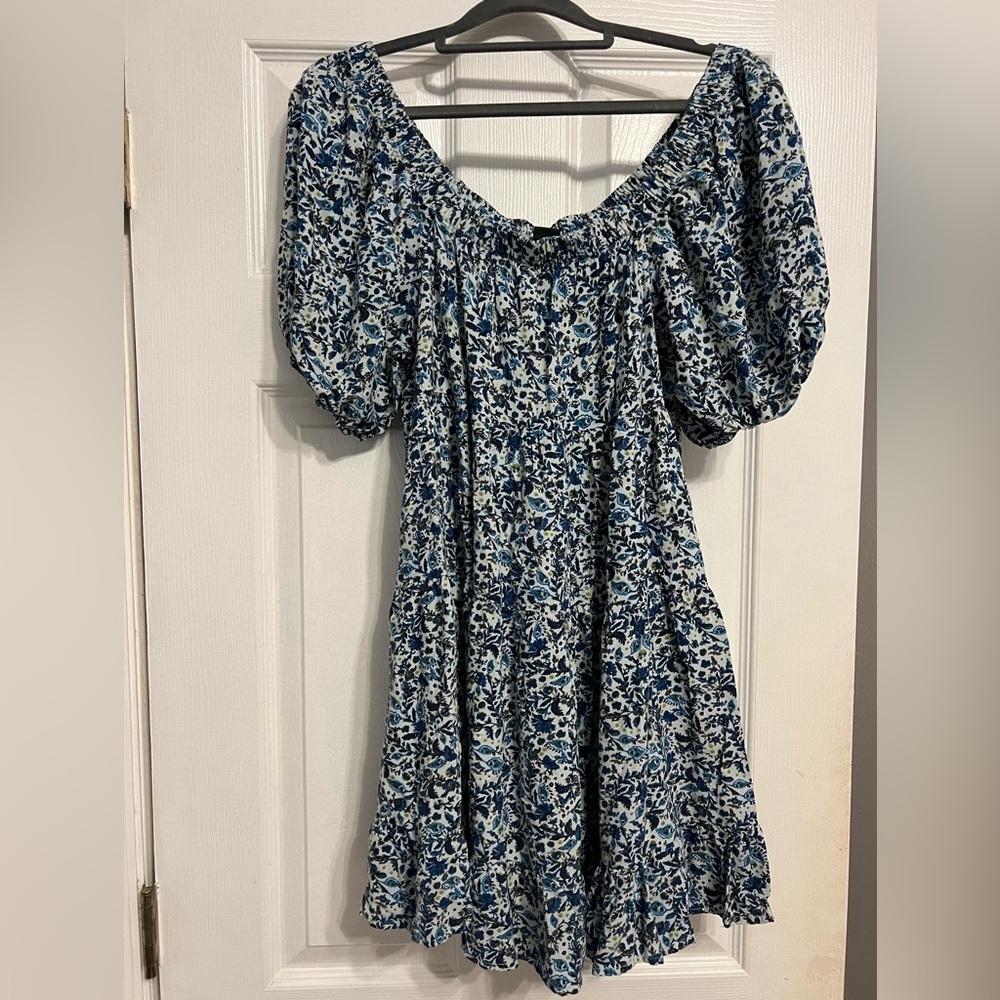 Blue Floral Puff Sleeve Dress